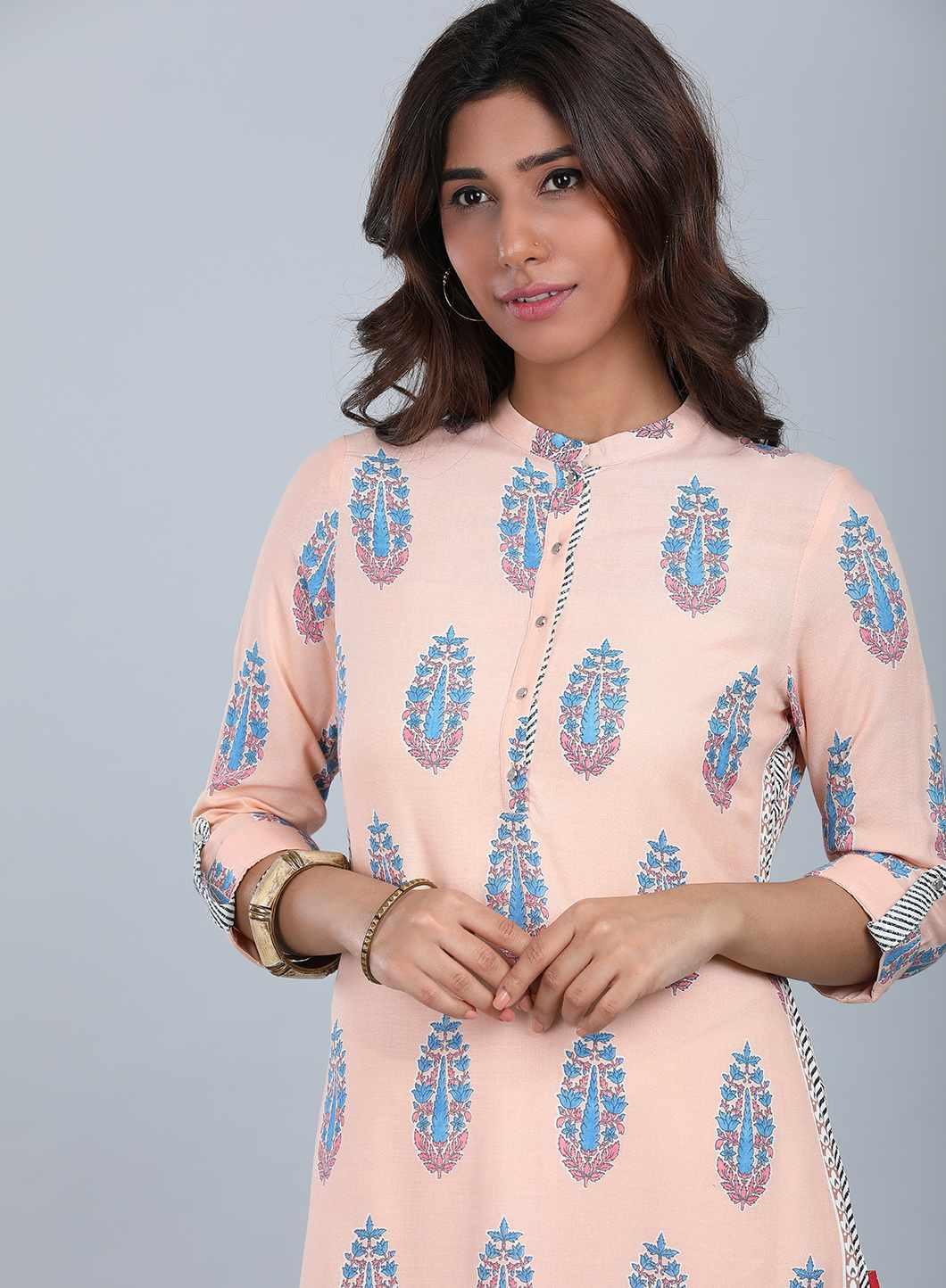 Peach Mandarin Neck Printed kurta - wforwoman