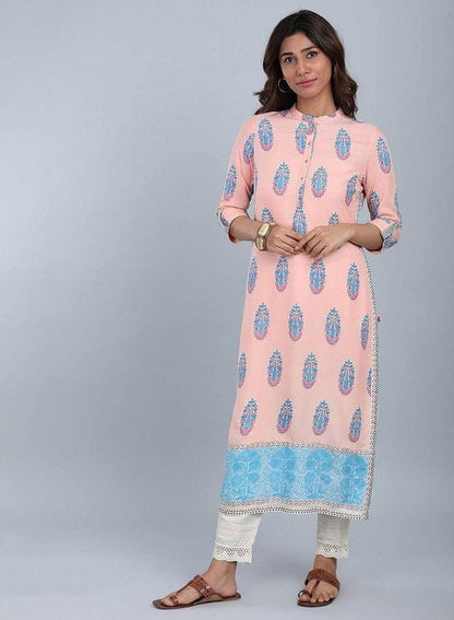 Peach Mandarin Neck Printed kurta - wforwoman