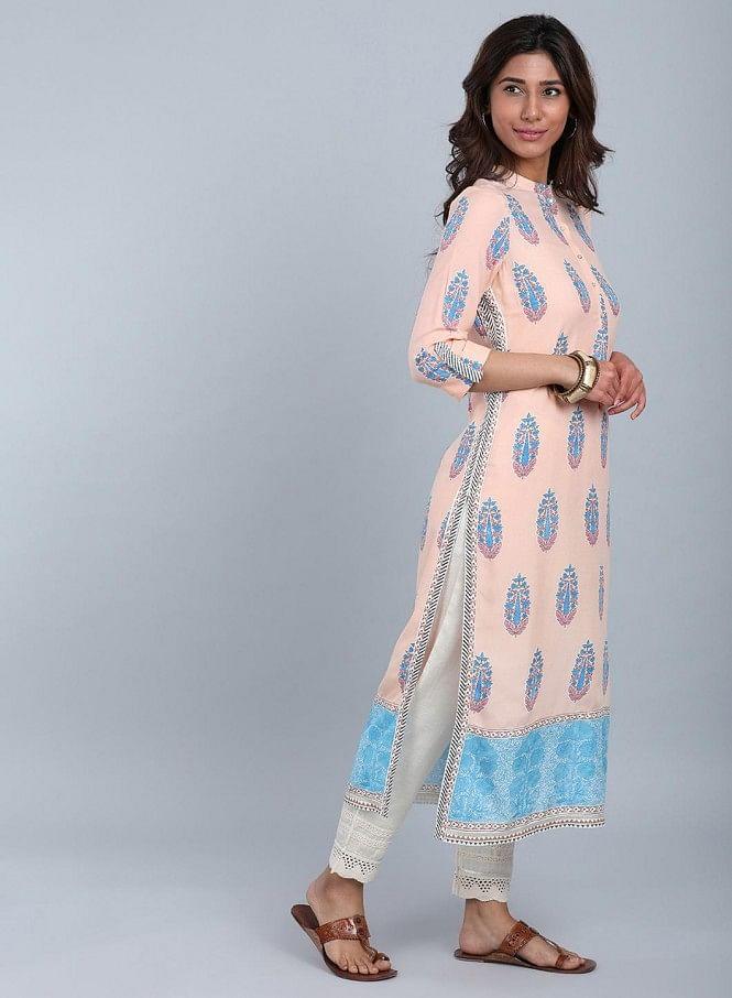 Peach Mandarin Neck Printed kurta - wforwoman