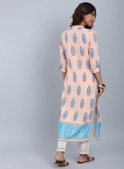 Peach Mandarin Neck Printed kurta - wforwoman