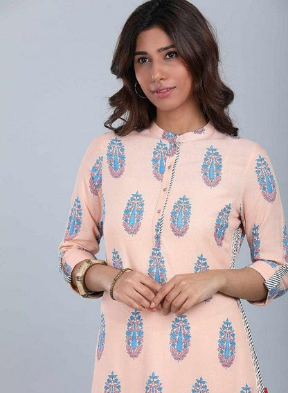 Peach Mandarin Neck Printed kurta - wforwoman