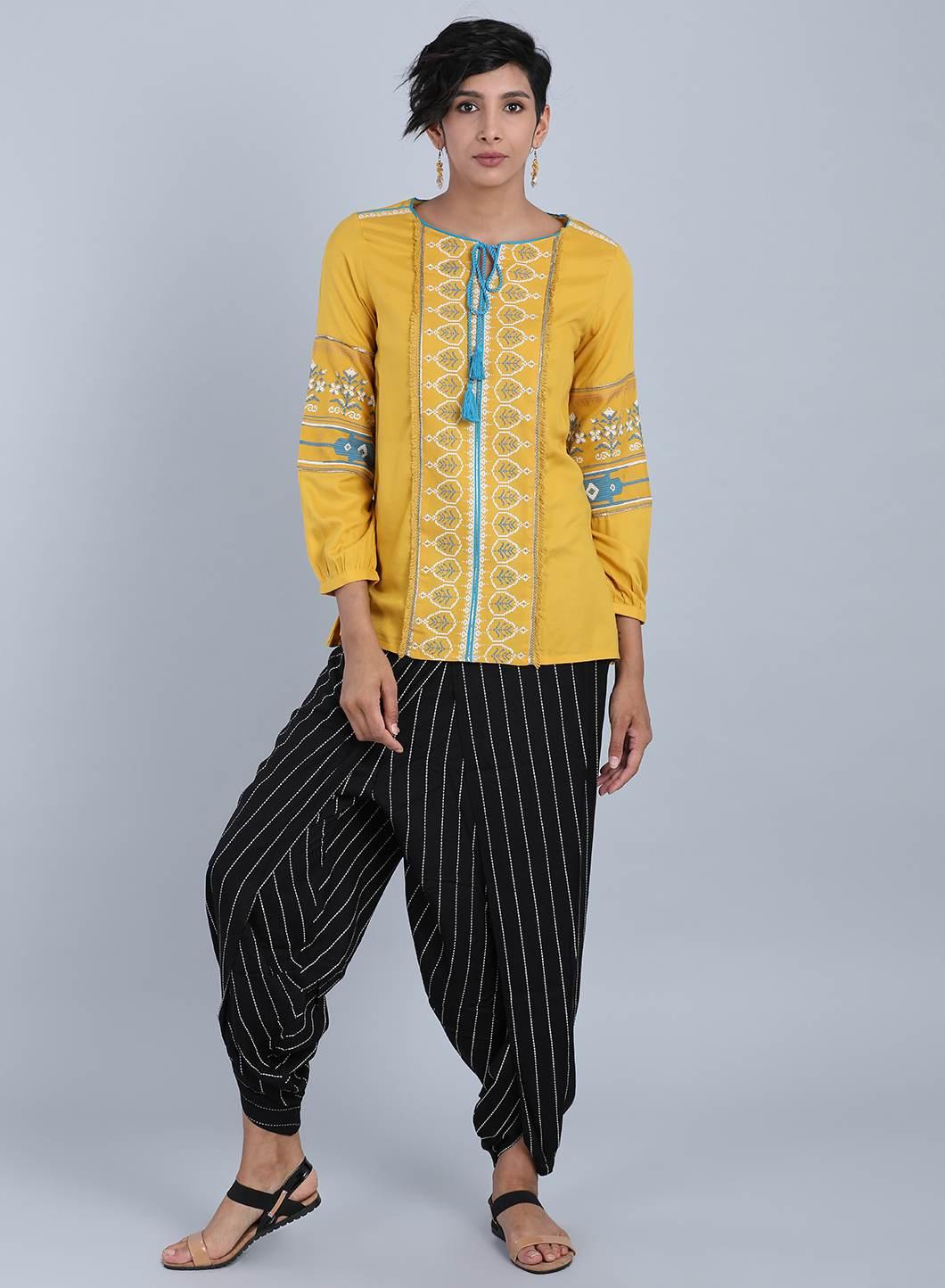 Yellow Round Neck Tie-Up Top - wforwoman