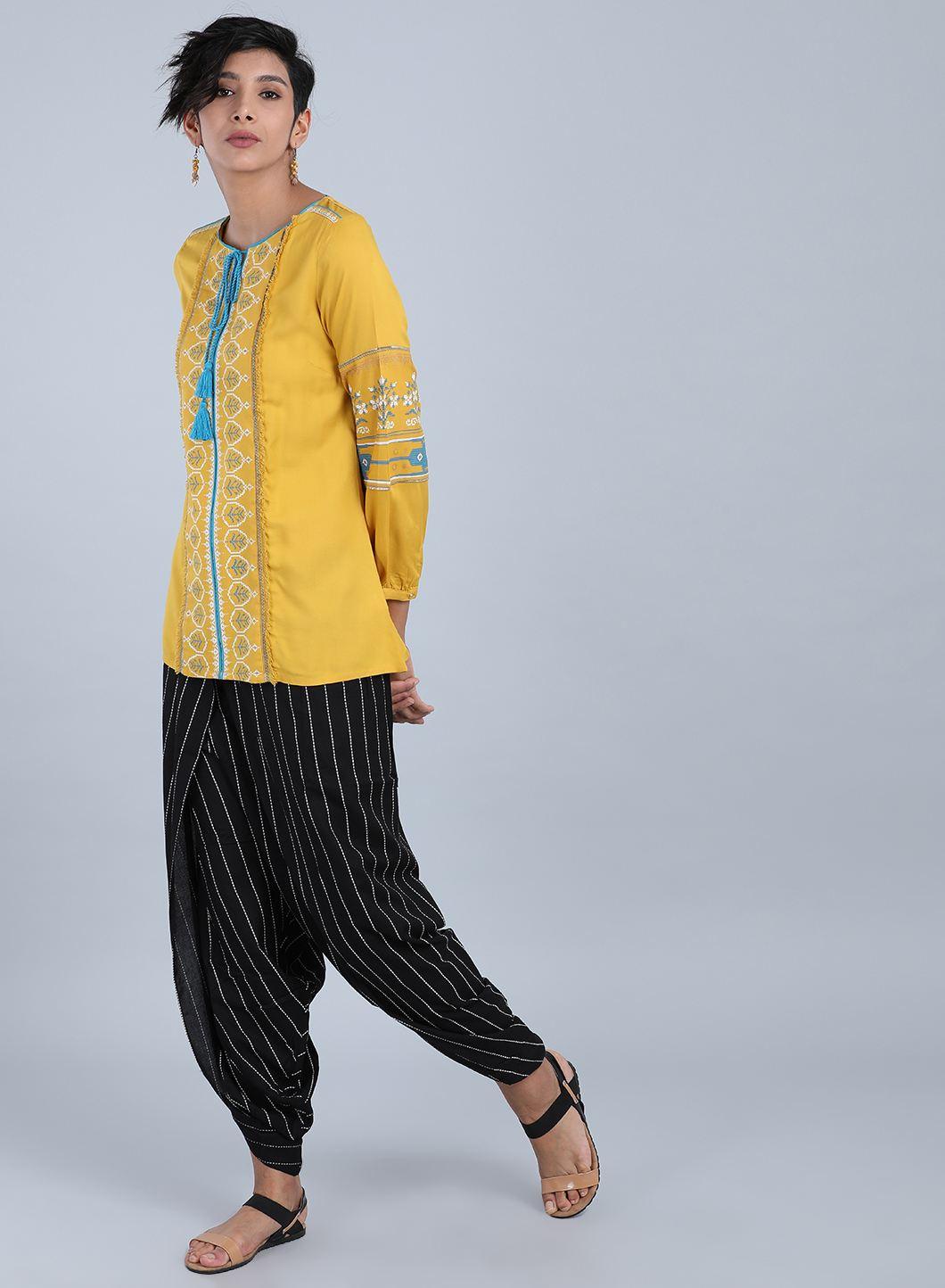 Yellow Round Neck Tie-Up Top - wforwoman