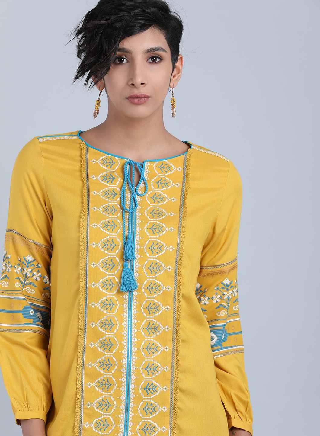 Yellow Round Neck Tie-Up Top - wforwoman