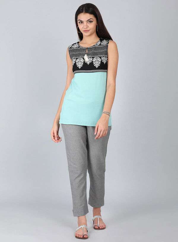 Blue Round Neck Printed Top