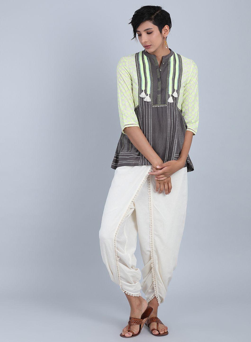 Grey Mandarin Neck Tassel Top - wforwoman