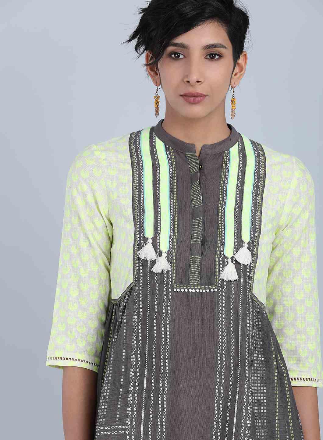 Grey Mandarin Neck Tassel Top - wforwoman