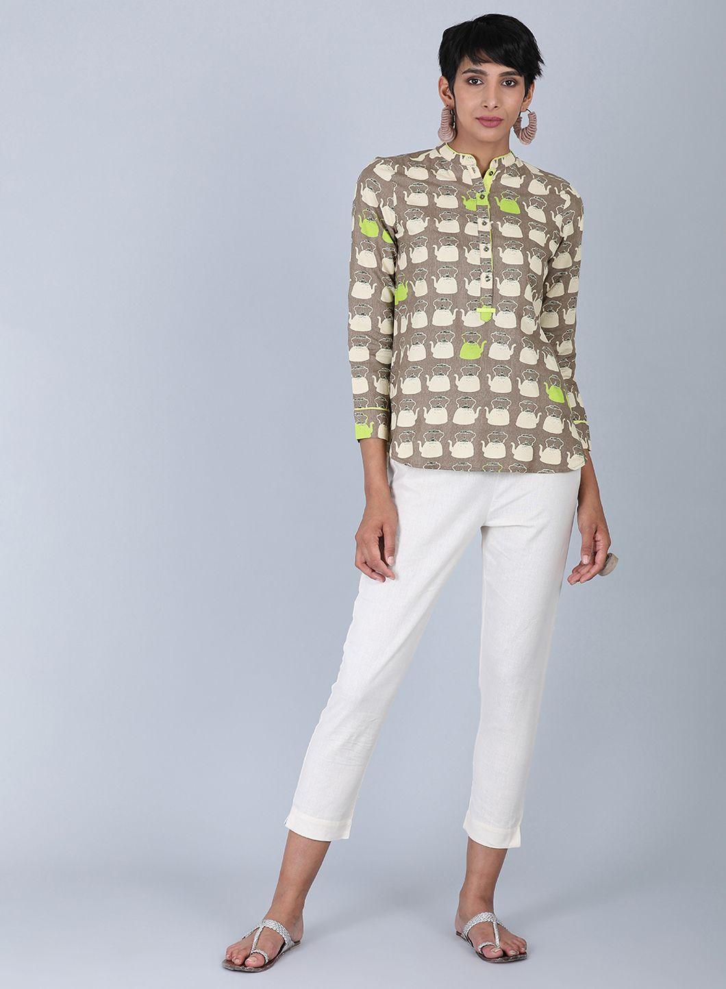 Brown Mandarin Neck Printed Top - XS
