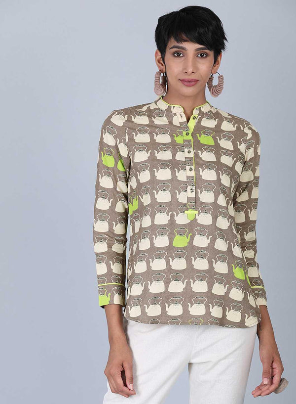 Brown Mandarin Neck Printed Top