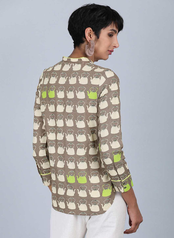 Brown Mandarin Neck Printed Top
