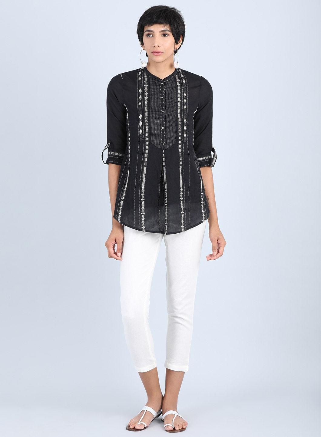 Black Mandarin Neck Straight Top - wforwoman