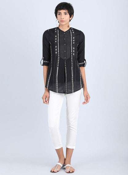 Black Mandarin Neck Straight Top - wforwoman