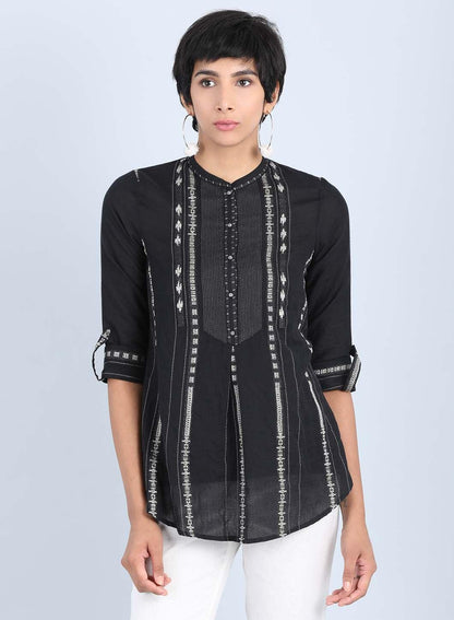 Black Mandarin Neck Straight Top - wforwoman