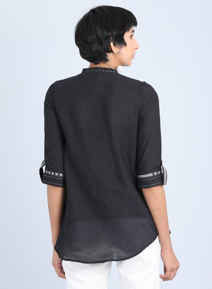 Black Mandarin Neck Straight Top - wforwoman