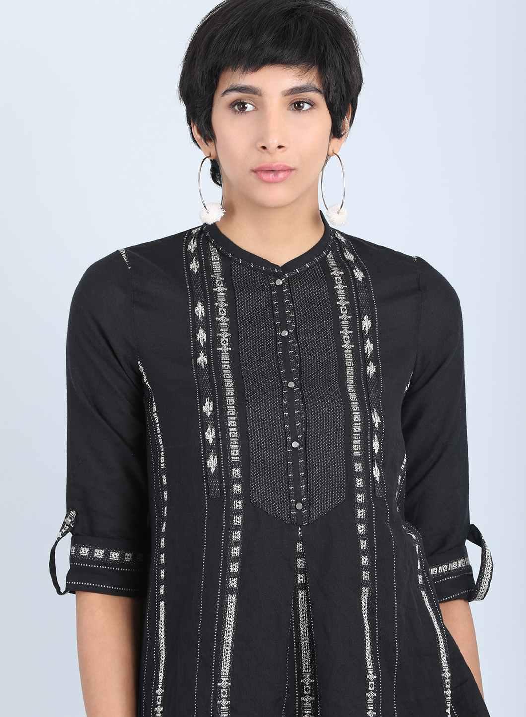 Black Mandarin Neck Straight Top - wforwoman