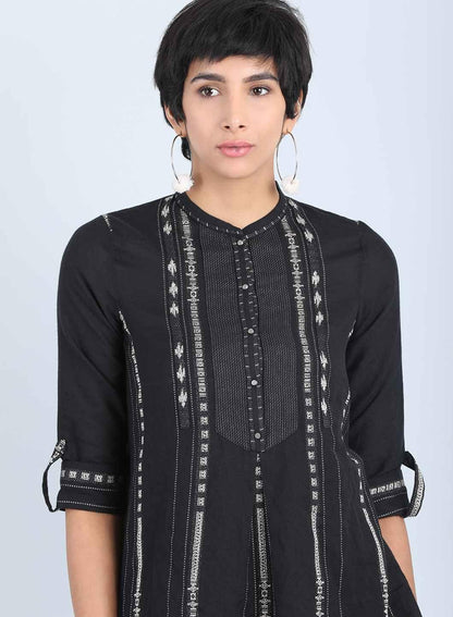 Black Mandarin Neck Straight Top - wforwoman