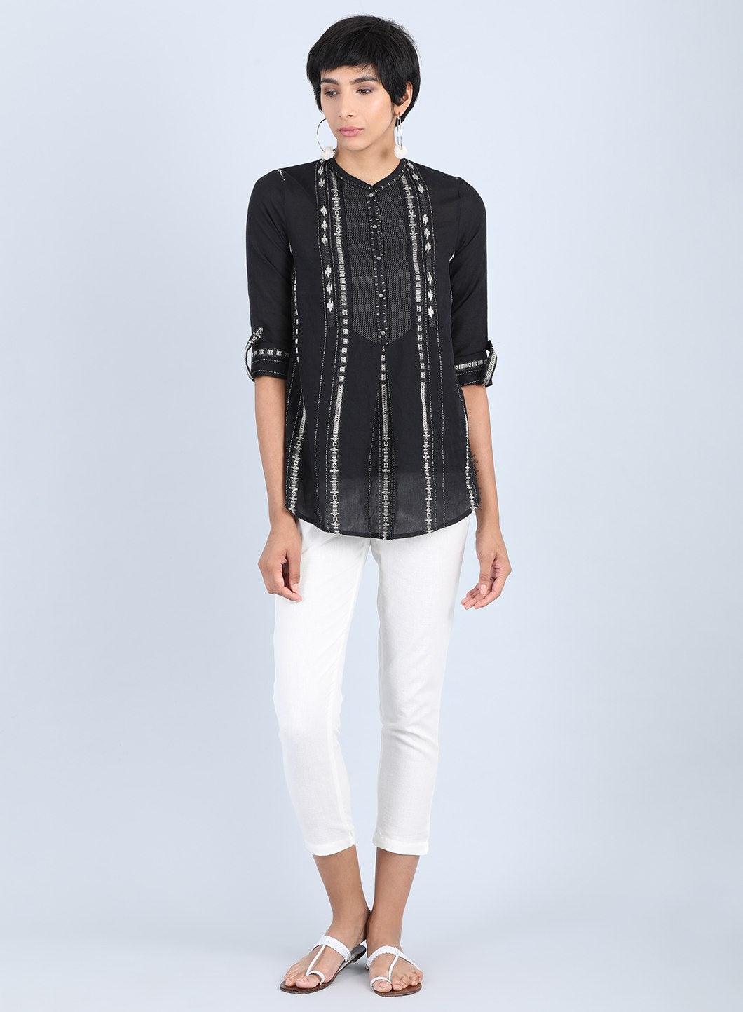 Black Mandarin Neck Straight Top - wforwoman