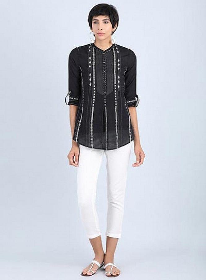 Black Mandarin Neck Straight Top - wforwoman