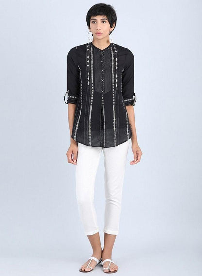 Black Mandarin Neck Straight Top - wforwoman