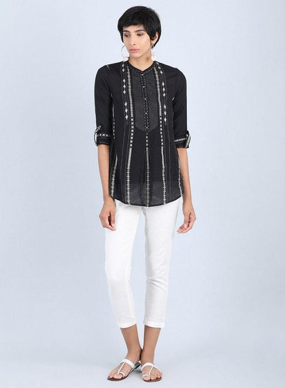 Black Mandarin Neck Straight Top - wforwoman