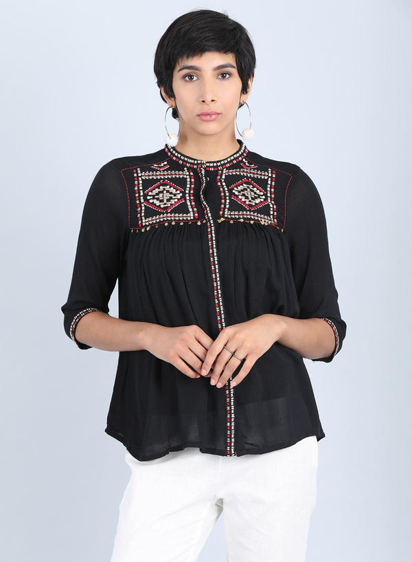 Black Mandarin Neck Gathered Top