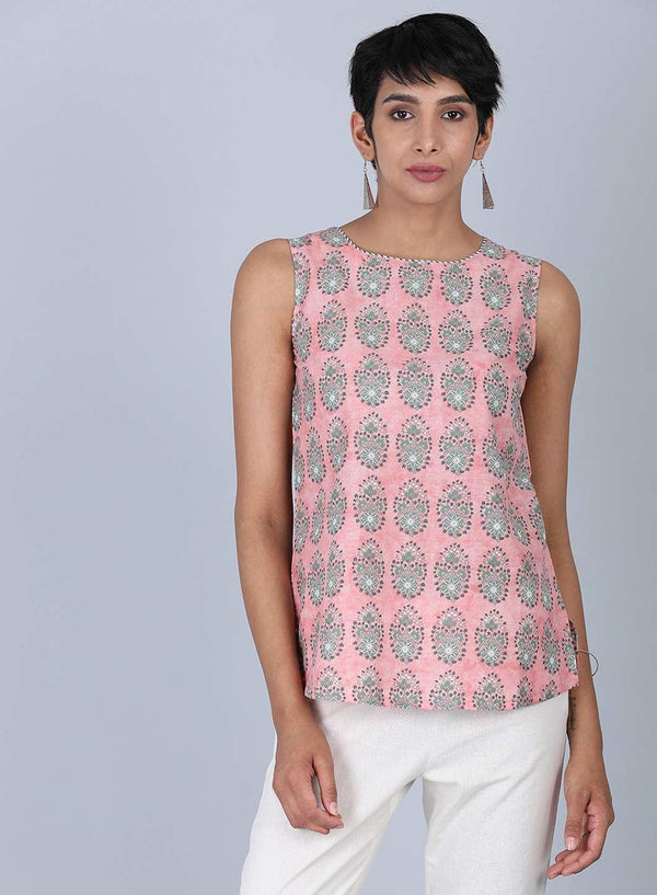 Pink Round Neck Printed Top