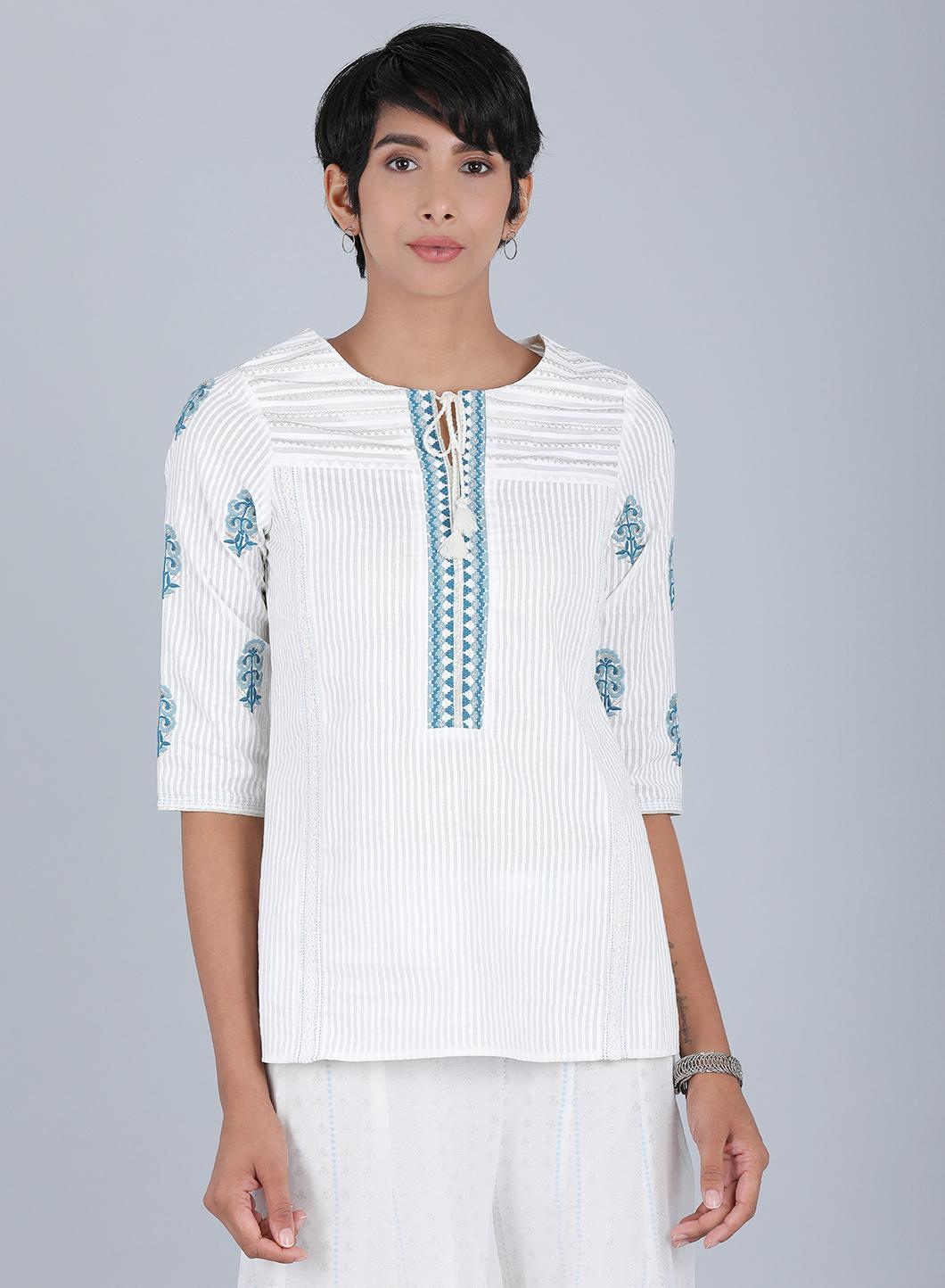 White Round Neck Printed Top - wforwoman