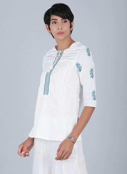 White Round Neck Printed Top - wforwoman