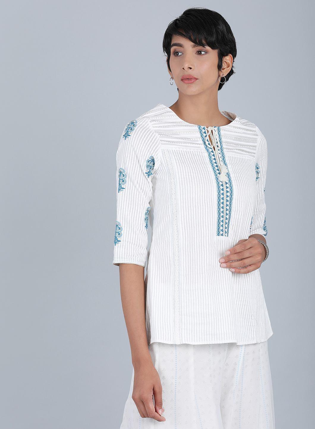 White Round Neck Printed Top - wforwoman