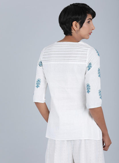 White Round Neck Printed Top - wforwoman