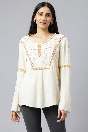 White Thread Embroidered Western Top - XS
