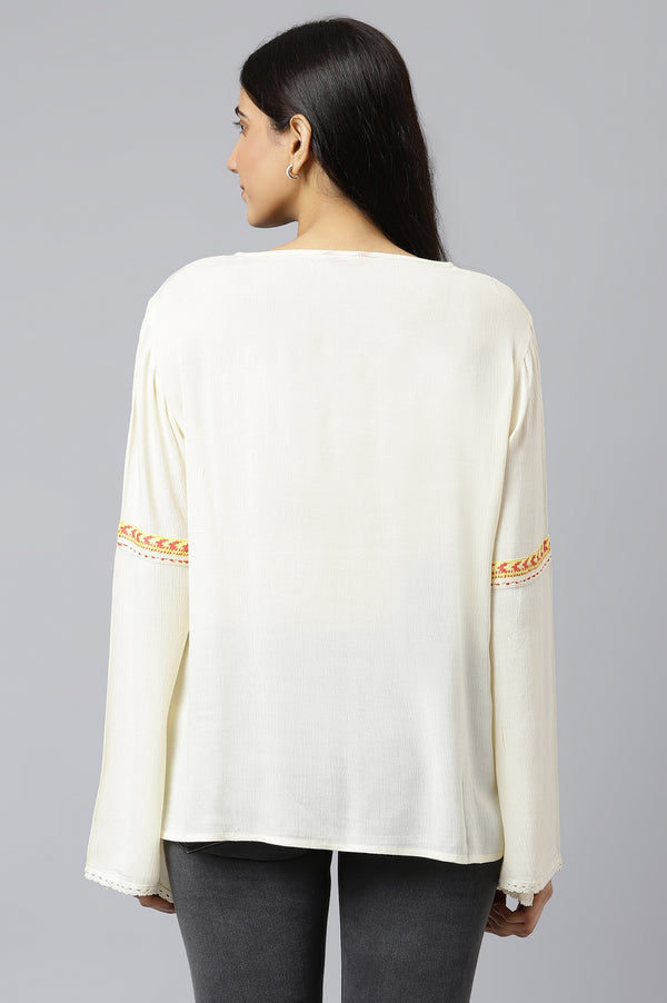 White Thread Embroidered Western Top