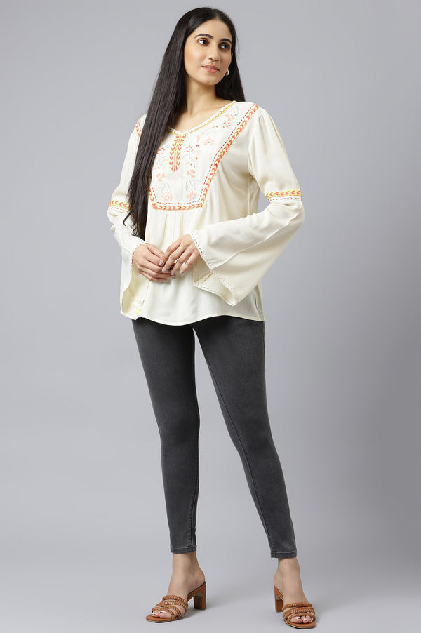 White Thread Embroidered Western Top