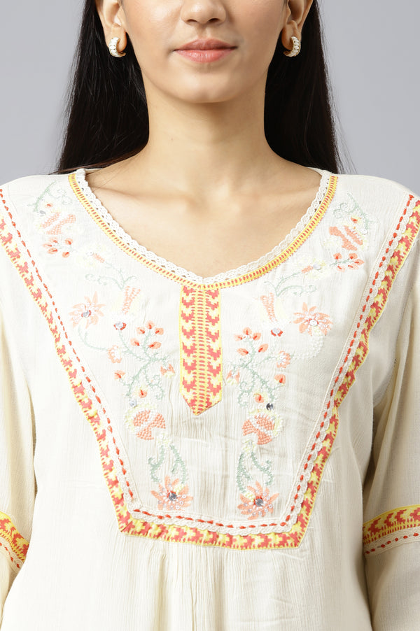 White Thread Embroidered Western Top