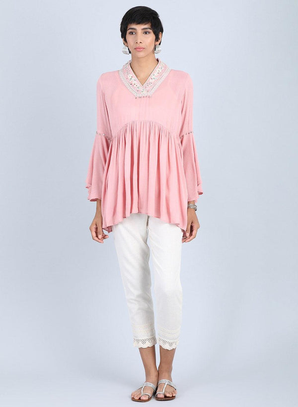 Pink V Neck Gathered Top