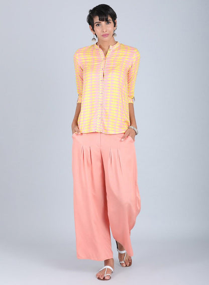 Yellow Mandarin Neck Printed Top - wforwoman
