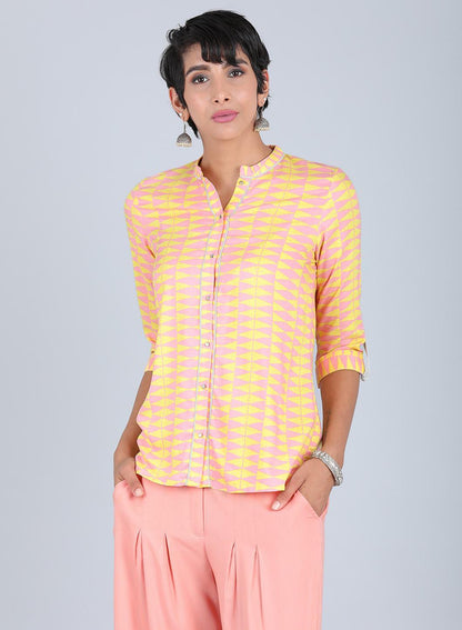 Yellow Mandarin Neck Printed Top - wforwoman