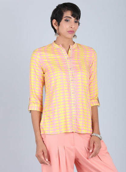 Yellow Mandarin Neck Printed Top - wforwoman