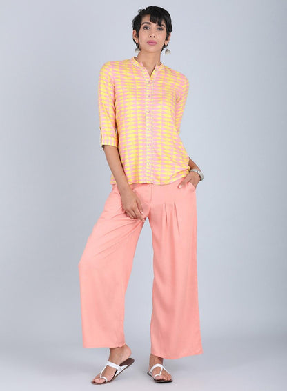 Yellow Mandarin Neck Printed Top - wforwoman
