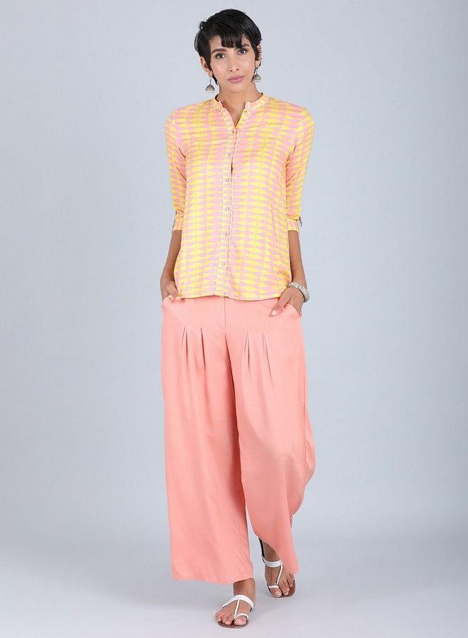 Yellow Mandarin Neck Printed Top - wforwoman