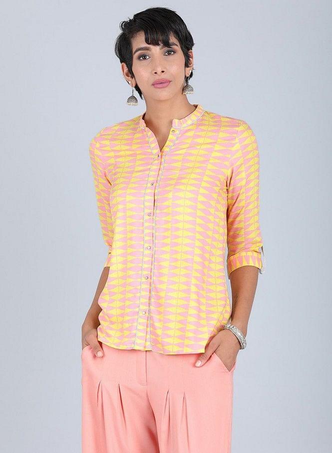 Yellow Mandarin Neck Printed Top - wforwoman