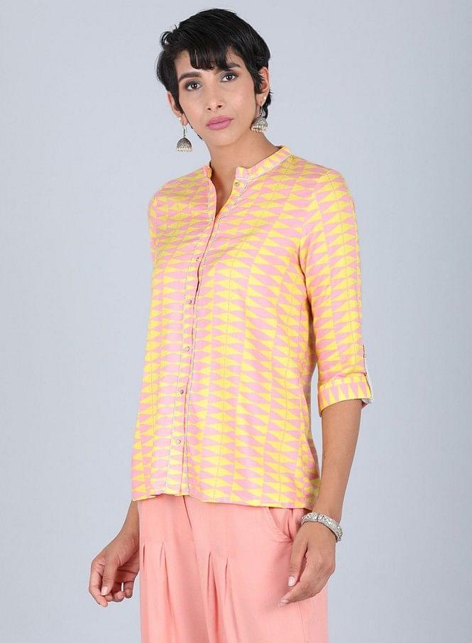 Yellow Mandarin Neck Printed Top - wforwoman