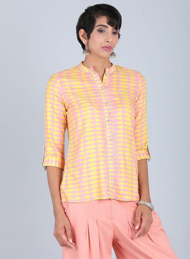 Yellow Mandarin Neck Printed Top - wforwoman