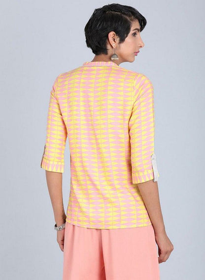 Yellow Mandarin Neck Printed Top - wforwoman