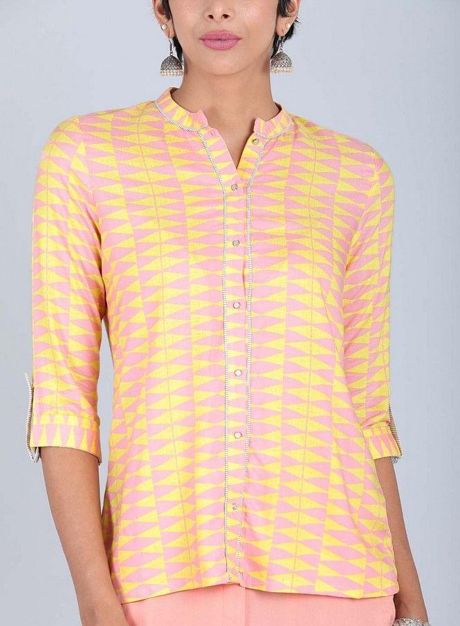 Yellow Mandarin Neck Printed Top - wforwoman