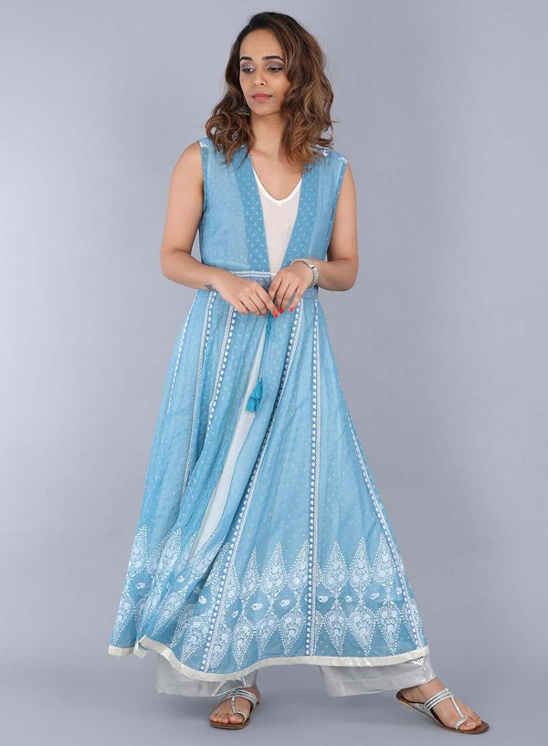 Blue Open Front Printed Gillet