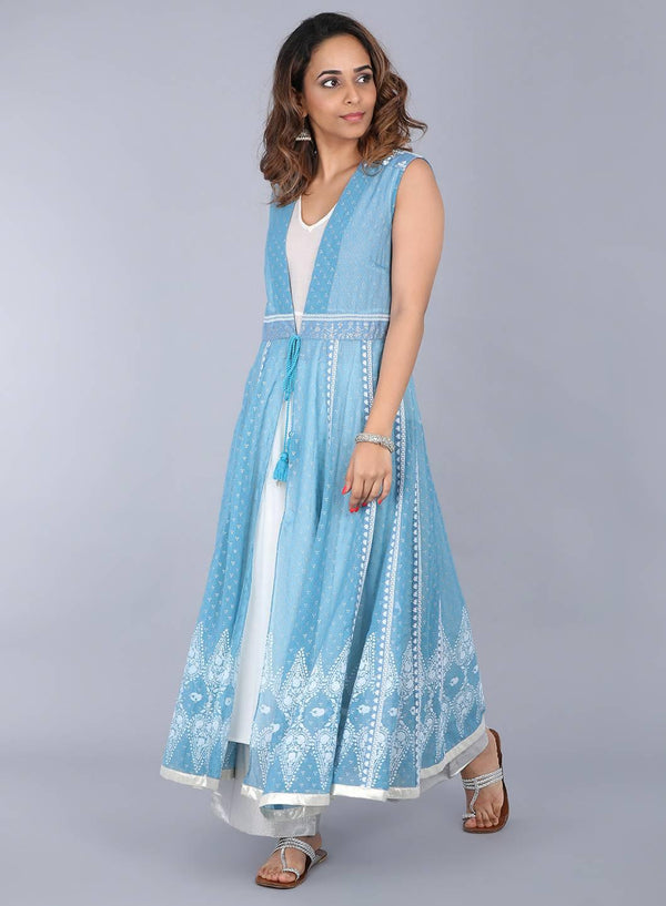 Blue Open Front Printed Gillet