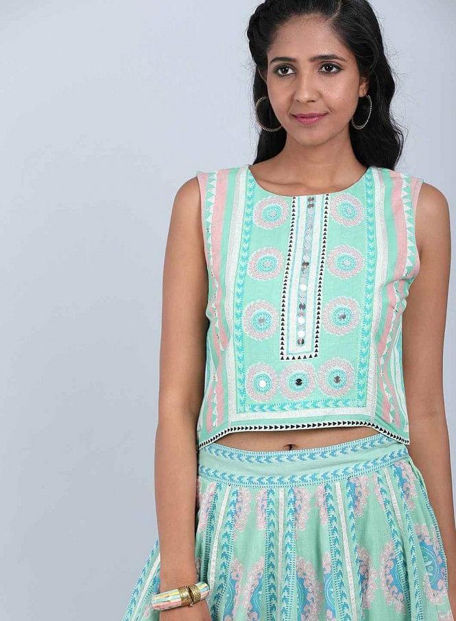 Green Printed Cropped Top - wforwoman