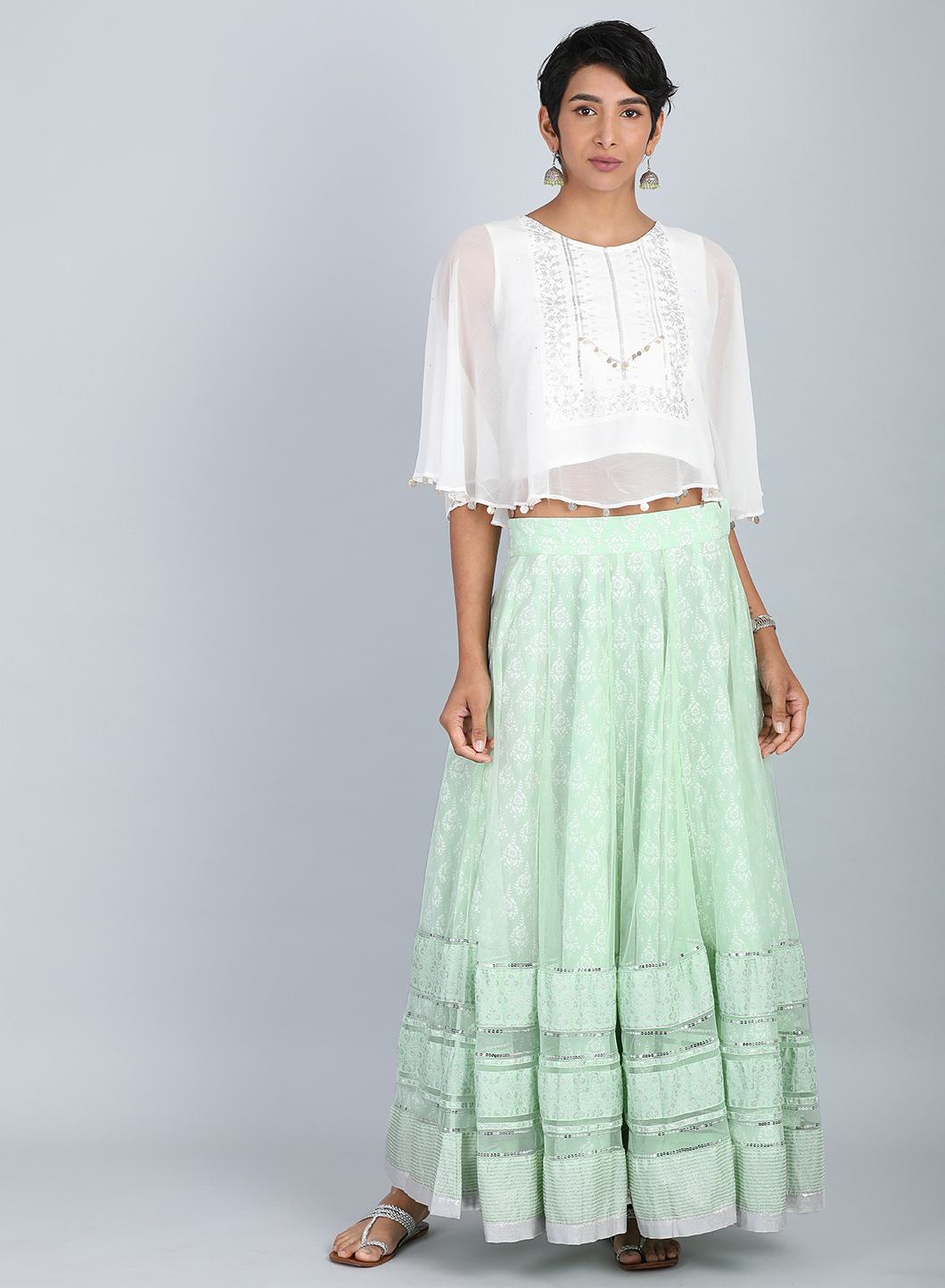 Green Layered Printed Skirt