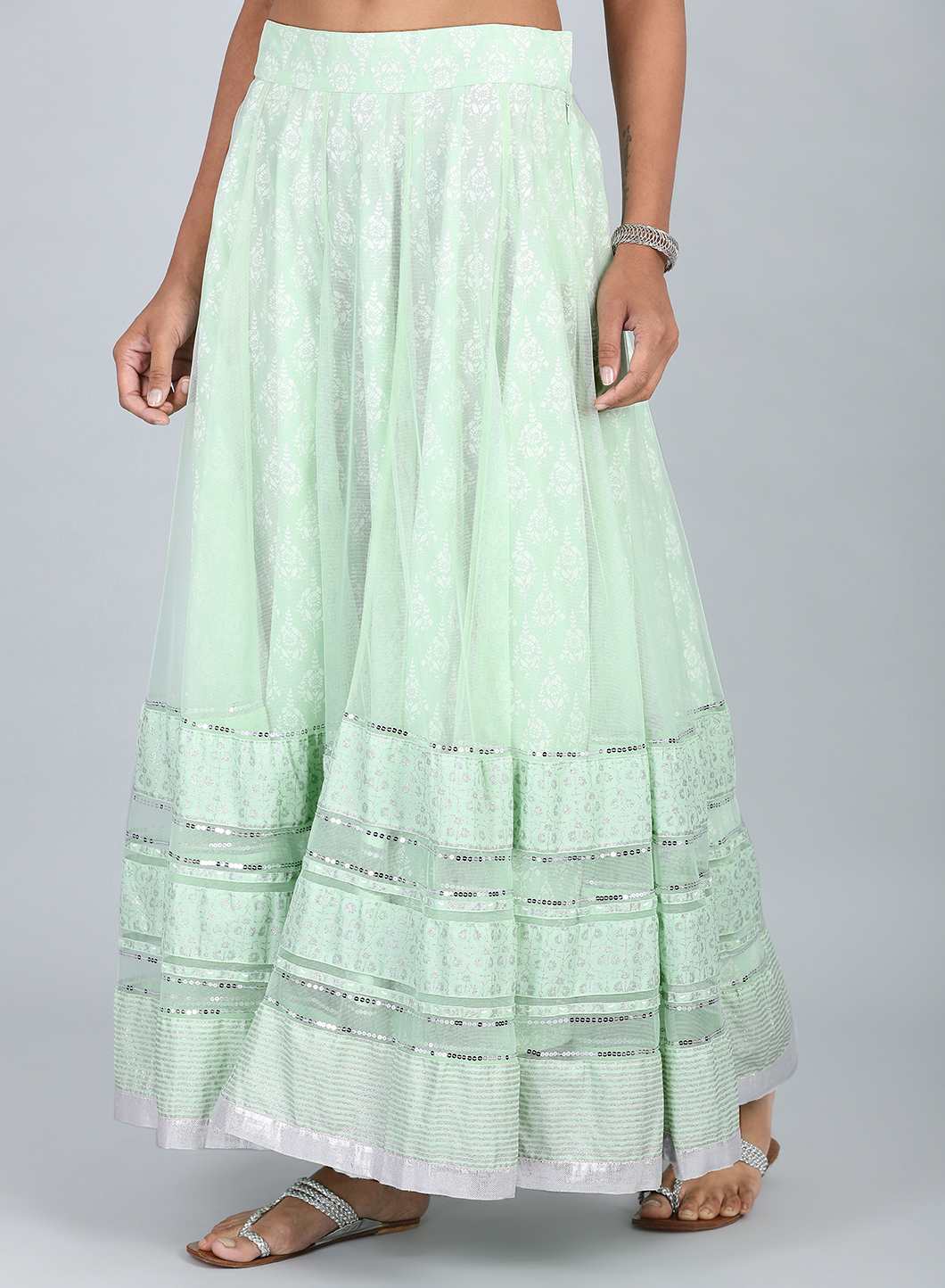 Green Layered Printed Skirt